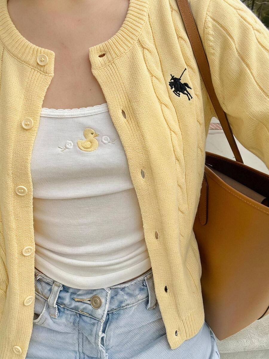 Comfortcana Fall Preppy Rebel Cardigan For Daily Campus Cable Knit Button Front Butter Yellow - Pale Yellow - View 1