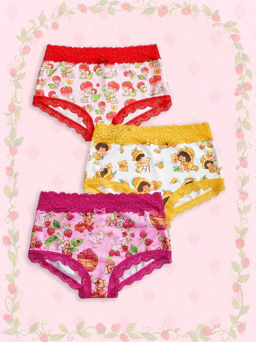 Strawberry Shortcake | ROMWE Plus Size Collaboration Lace Patchwork Comfortable Women's Triangle Panties 3-Piece Set - Multicolor - View 1