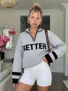 Livesso Women's Autumn/Winter Casual Colorblock Striped Letter Pattern Sweater - Grey - View 3