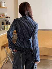 K-Vae Women's Korean Style Navy Blue Vertical Striped Waist-Cinching Versatile Long Sleeve Blouse - Multicolor - View 2