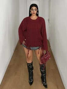 Maweii Sweater Pullover Lengan Lebar Kasual Berlubang dengan Tali Serut untuk Wanita Ukuran Plus - Burgundy - View 5