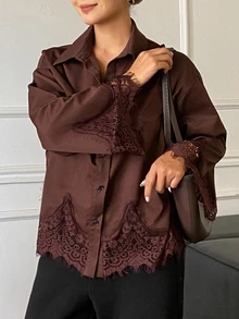 DAZY Blus Wanita Lengan Panjang Longgar dengan Hiasan Renda Kontras, Kasual untuk Liburan Musim Semi dan Gugur - Coklat - View 6