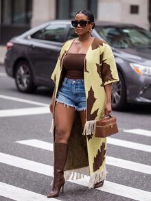 Slaydiva Plus Size Yellow Cable Knit Tassel Short Sleeve Drop Shoulder Cardigan, Casual Chic Sweater For Fall Autumn Winter Date Vacation - Yellow - View 8