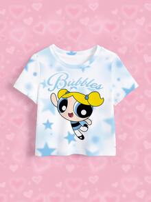 THE POWERPUFF GIRLS X SHEIN 女嬰卡通星星印花短袖上衣 - 白色 - 查看 7
