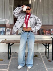 SHEIN EZwear 女款波點拉鍊休閒百搭日常旅行長袖夾克 - 灰色 - 查看 5