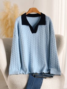 Elaquor Plus Size Elegant Traditional Navy Blue Commuter Date Club Formal Versatile Casual Minimalist Cable Knit Sweater Pullover Women Autumn/Winter - Blue - View 2