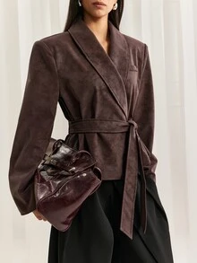 LYSMO Jaket Lengan Panjang Wanita Warna Polos Kasual Serbaguna untuk Sehari-hari - Coklat - View 3