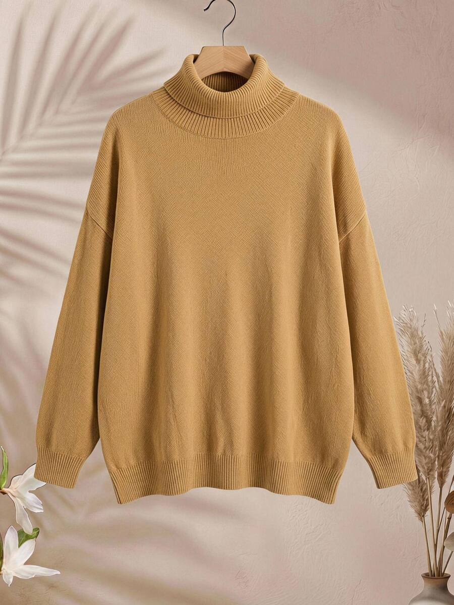 Rusticease Women's Plus Size Solid Color Turtleneck Sweater, Autumn/Winter - Camel - View 1