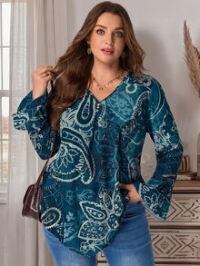 EMERY ROSE Plus Size Autumn Casual Paisley Print Shirt - Multicolor - View 4