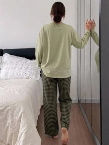 DAZY Pattern Letter Print Loose Long Sleeve T-Shirt & Plaid Long Pants Casual Home Daily Spring Autumn 2pcs Set For Pregnant Women - Green - View 2