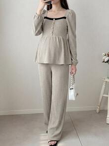 Dazy Maternity Setelan 2 Potong Atasan Pullover Lengan Panjang dan Celana dengan Motif Garis-Garis dan Patchwork Warna Kontras di Bagian Bawah, Cocok untuk Pakaian Rumah Sehari-hari Musim Semi dan Gugur serta untuk Ibu Hamil - Grey - View 4