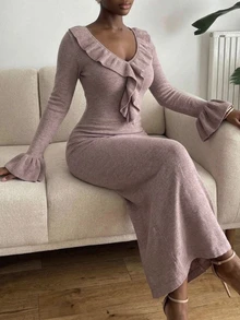 Livesso Gaun Rajut Elegan Wanita Warna Polos dengan Kerah Ruffle dan Lengan Mengembang, Pas Badan, Cocok untuk Makan Siang/Malam Musim Gugur, Warna Merah Muda Pucat - Grey - View 4