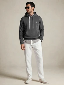 Lornavo Men's Cotton Solid Color Waist Tie Casual Versatile Long Pants Vacation All White Autumn - White - View 6