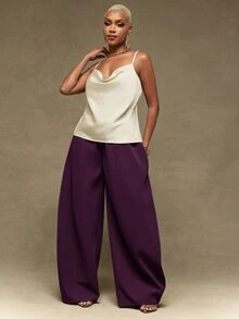 Vixey Solid Brown Suiting High Waist Barrel Leg Office Pants - Purple - View 3