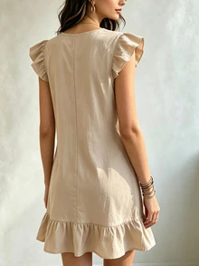Hotletica Women's Solid Color V-Neck Flutter Sleeve Ruffle Hem Dress - Apricot - View 2