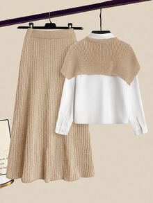 GlowEve Women's Solid Color Asymmetrical Hem Cropped Knit Top And Knit Skirt Set - Khaki - View 2