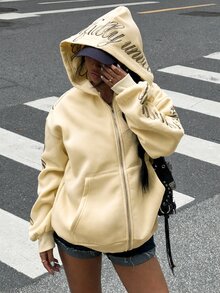Muchica Women's Streetwear Embroidered Zip-Up Long Sleeve Sweatshirt - Pale Yellow - View 5