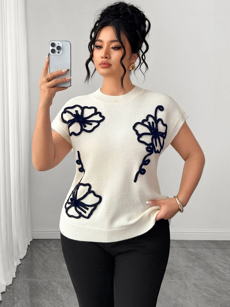 Elenzga Women's Spring/Summer New Single Piece Round Neck Sleeveless Machine Embroidered Floral Pattern French Style Elegant Loose Regular Fit Knit Pullover Lady Daily Versatile Fashion Plus Size Top - Beige - View 1