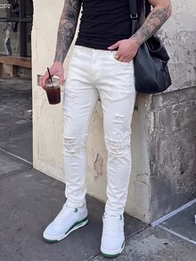 Manfinity Roghcode Men's Pocket Distressed Slim Fit Casual Denim Jeans - White - View 4