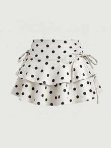 SHEIN MOD 女款波點側綁帶腰部休閒荷葉邊牛仔裙 - 彩色 - 查看 3