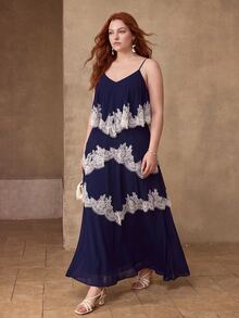 MOTF PREMIUM GAUN PANJANG MODEL KUE UNTUK UKURAN BESAR, MUSIM SEMI/PANAS, ELEGAN, ROMANTIS, UNTUK KENCAN, BERKUALITAS TINGGI, BERHIAS RENDA, PATCHWORK, TALI BAHU YANG DAPAT DISESUAIKAN, WARNA BIRU TUA, GAYA LIBURAN. - Navy Blue - View 7