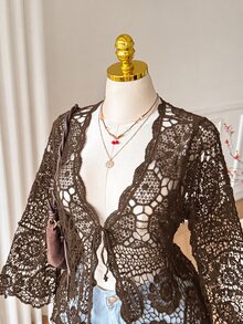 Comfortcana Plus Size Autumn Vintage Crochet Lace-Up Black Bell Sleeve Mid-Length Cardigan - Coffee Brown - View 6