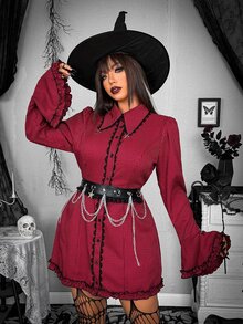 Whyspr Dark Gothic Light Punk Y2K Ruffle Lace Trim Cross Pendant Flared Sleeve Fitted Plus Size Women's Halloween Dress Fall - Red - View 2