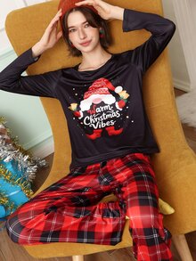 Chillnights Women's Christmas Santa Plaid Knit Long Sleeve Pants Pajama Set - Multicolor - View 1