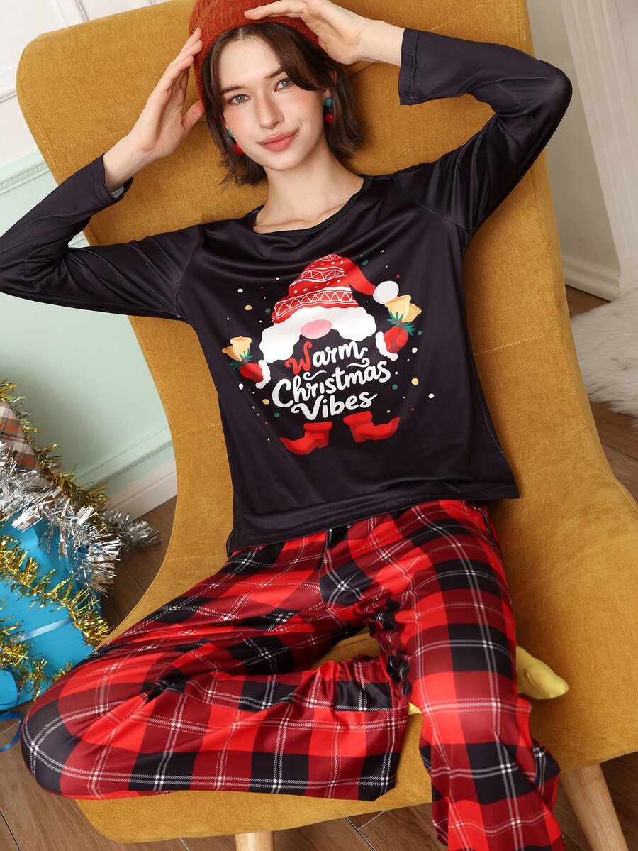 Chillnights Women's Christmas Santa Plaid Knit Long Sleeve Pants Pajama Set - Multicolor - View 1