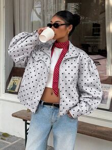 SHEIN EZwear 女款波點拉鍊休閒百搭日常旅行長袖夾克 - 灰色 - 查看 3