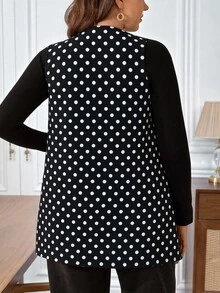 EMERY ROSE Plus Size Women's Polka Dot Pattern Open Front Vest Jacket - Black and White - View 2