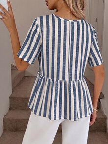 SHEIN LUNE 女款條紋百褶休閒百搭日常穿著襯衫 - 彩色 - 查看 2