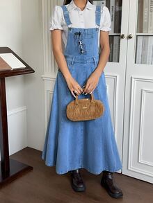 Rivivi Gaun Terusan Denim Kasual Wanita dengan Desain Saku - Biru - View 4