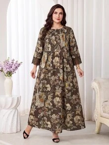 Veilorie Plus Size Elegant Floral Print Lace Patchwork Dress - Multicolor - View 6