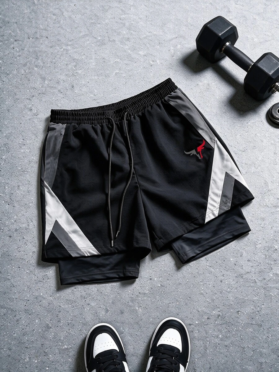 Gym Rark 男士拼色拼接雙層運動短褲 - 彩色 - 查看 1