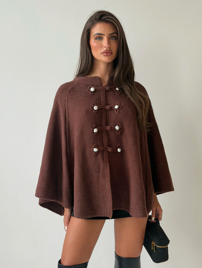 Firerie Damen Herbst/Winter eleganter lässiger Mode neuer beliebter Hofstil Pendler Street vielseitiger Stehkragen Napoleon Knopf brauner Cape Pullover