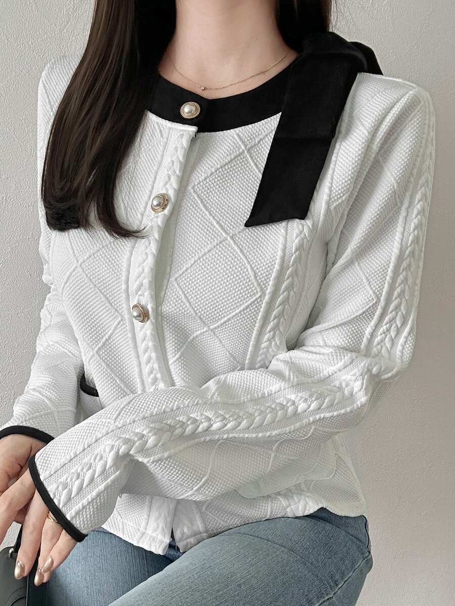 FRIFUL Jaket Kasual Lengan Panjang Wanita dengan Tekstur dan Simpul Bahu untuk Musim Gugur - Krem - View 1