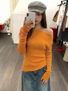 DAZY 女款秋季休閒純色不對稱領口露肩上衣毛衣 - 橘色 - 查看 6