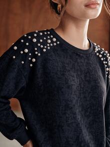 Anewsta Women's Fall Fashion Round Neck Beaded Long Sleeve Sweatshirt For Vacation And Travel Tea Party Everyday Navy Blue Autumn Elegant Casual - Black - View 3