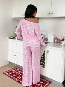ZzzCrew Women's Romantic Christmas Pattern All-Over Print Fleece Ribbed Asymmetric-Shoulder Long Sleeve Wide Leg Pants Pajama Set - Pink - View 2