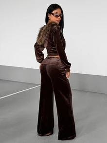 Jeanoix Women's Plush Zip-Up Hooded Jacket And Rhinestone Long Pants 2 Pieces Set - Coffee Brown - View 2