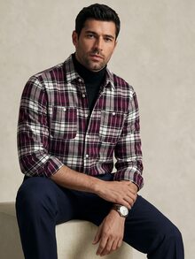 Lornavo Men's Plaid Long Sleeve Single-Breasted Casual Pocket Shirt Work White And Navy Autumn - Dusty Purple - View 3
