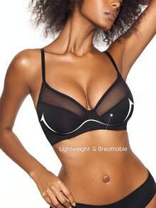 SHAPORA Sexy Women's Lingerie 3mm Cotton Mesh Patchwork Underwire Bra, Push-Up, Large Bust Minimizing, 1pc - Black - View 3