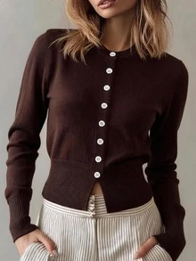 SHEIN Sweater Wanita Polos Lengan Panjang Leher Bulat dengan Desain Kancing Kasual - Putih - View 5