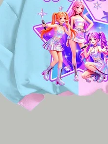 SHEIN 女童小女孩休閒復古K-卡通女孩拼接圖案圓領長袖衛衣與內搭褲2件套，適合秋冬 - 彩色 - 查看 5