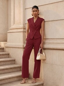 MOTF PREMIUM DOUBLE-BREASTED SLEEVELESS WAISTCOAT - Burgundy - View 3