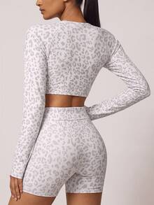 SHEIN BAE Women Leopard Print Long Sleeve Crop Top & High Waist Shorts Set Gym Workout Training Running Yoga Athletic Matching Co-Ord - Light Grey - View 2