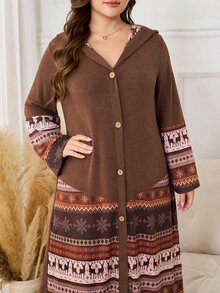 Lacomfia Autumn/Winter Elegant Casual Element Patchwork Hooded Collar Button Flared Sleeve Gathered Hem Knit Textured Long Sleeve Plus Size Women's Long Dress - Multicolor - View 4