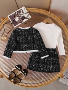 SHEIN Baby Girl Plaid Long Sleeve Cardigan & Skirt Set - Black - View 2