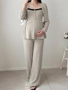 Dazy Maternity Setelan 2 Potong Atasan Pullover Lengan Panjang dan Celana dengan Motif Garis-Garis dan Patchwork Warna Kontras di Bagian Bawah, Cocok untuk Pakaian Rumah Sehari-hari Musim Semi dan Gugur serta untuk Ibu Hamil - Grey - View 6
